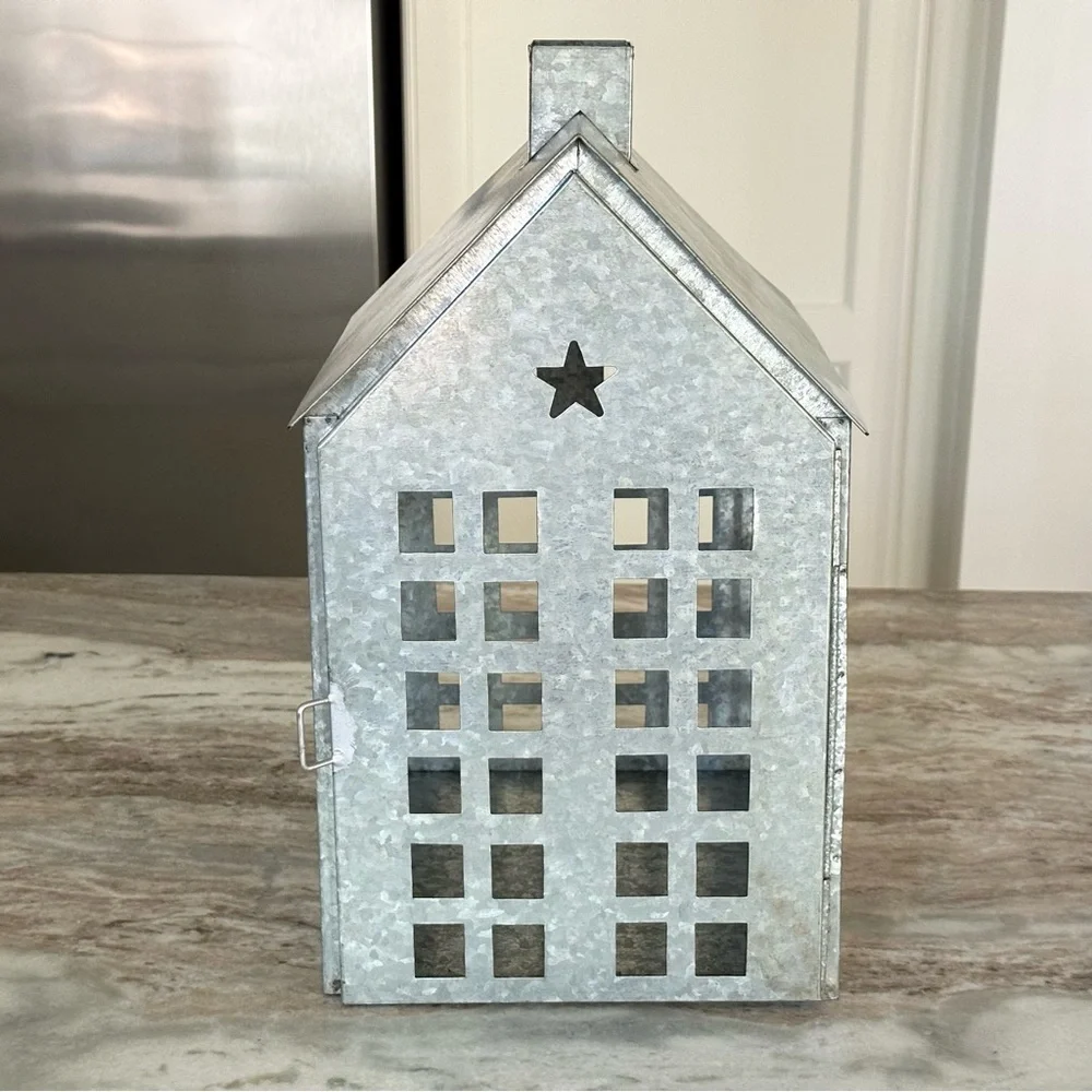 Large Holiday Galvanized Metal Luminary House / Christmas Village Lantern